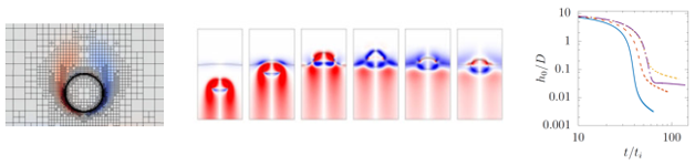 Remontée d’une goutte d’huile (video et simulation numérique) et drainage du film à l’interface eau/air (graphique)