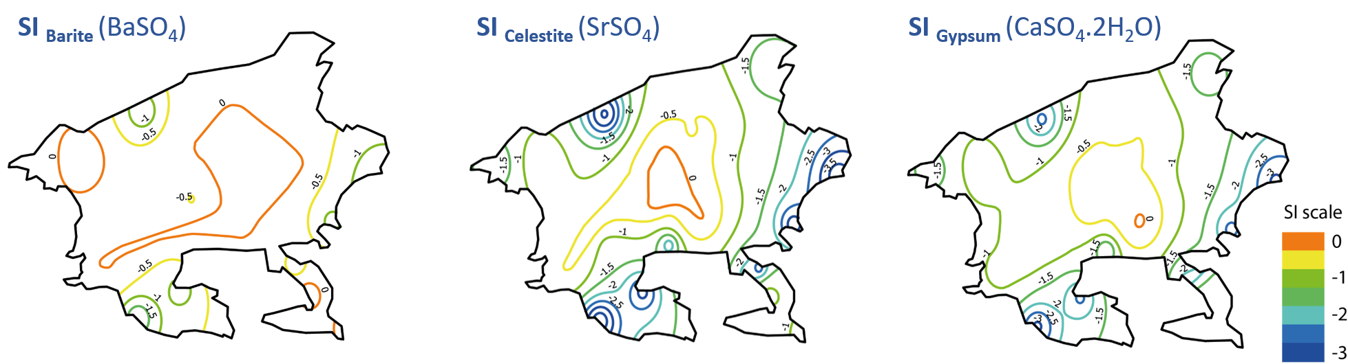 Carte d’interpolation des indices de saturation de la baritine, de la célestine et du gypse.