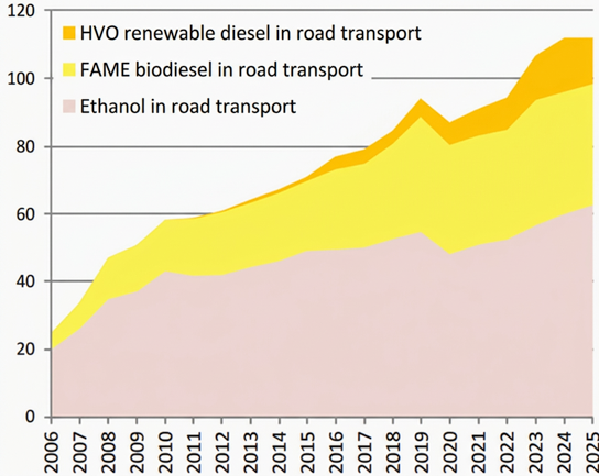 Fig. 3 - Evolution of global biofuel consumption in road transport (Mtoe)