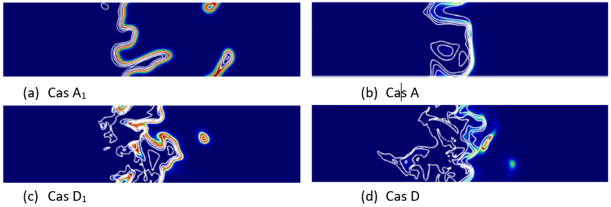 Coupes 2D extraites des simulations 3D représentant le taux de dégagement de chaleur et les iso-surfaces de température 