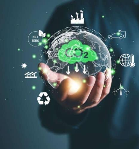 Main tenant une planète digitale au coeur duquel figure le symbole CO2, le tout sur fond bleu gris