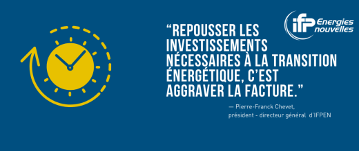 bandeau bleu avec le verbatim du président directeur général Pierre Franck Chevet et une horloge jaune